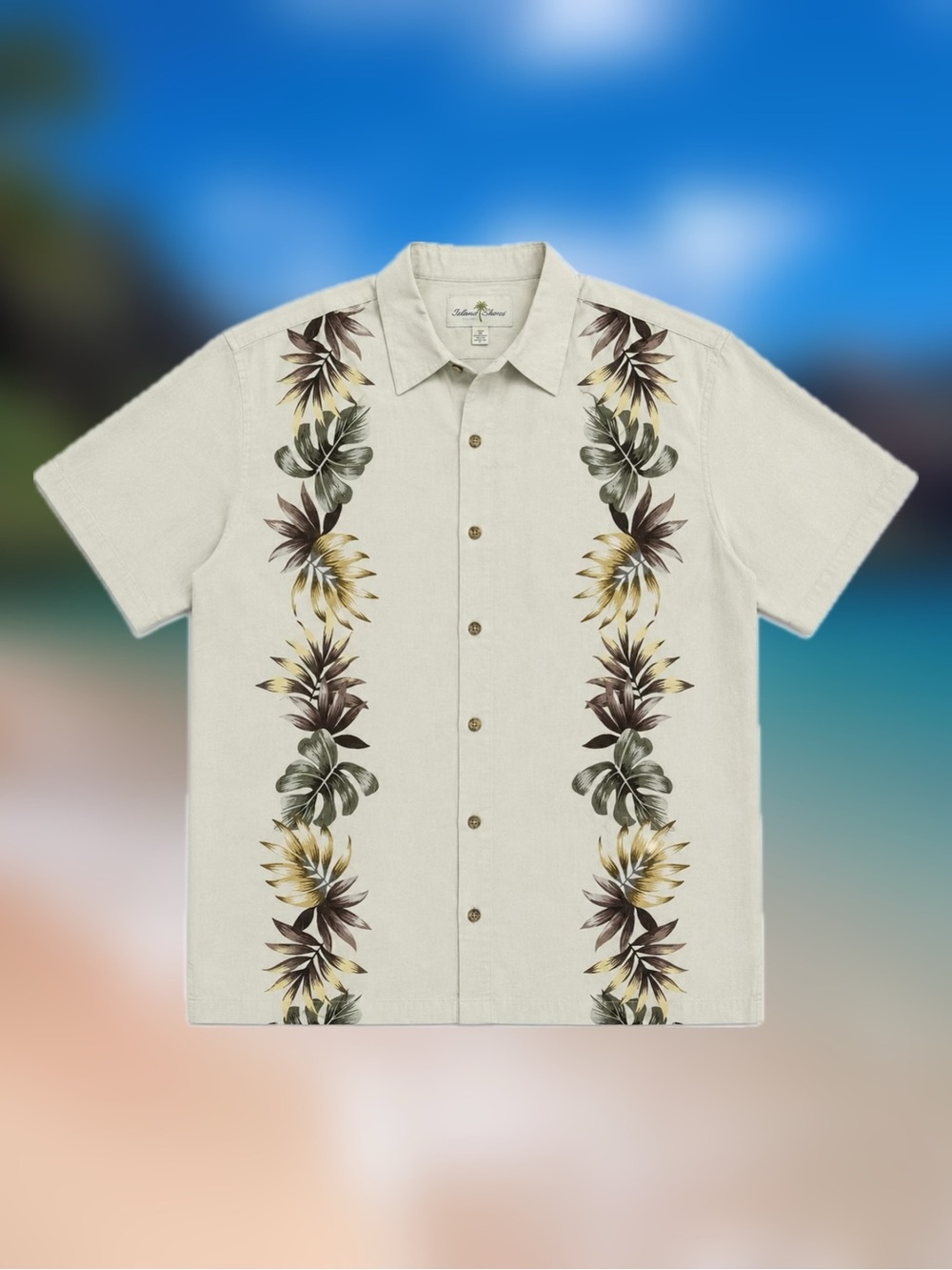 Island Shores Men’s XL Beige Floral Hawaiian Button-Up Shirt Short Sleeve